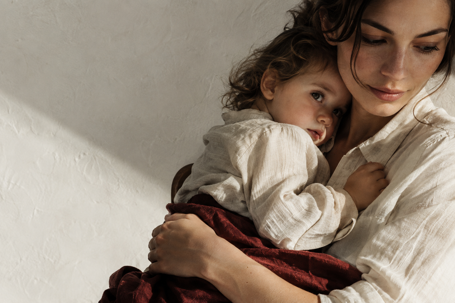 Editorial illustration of a mother holding her child in a quiet moment