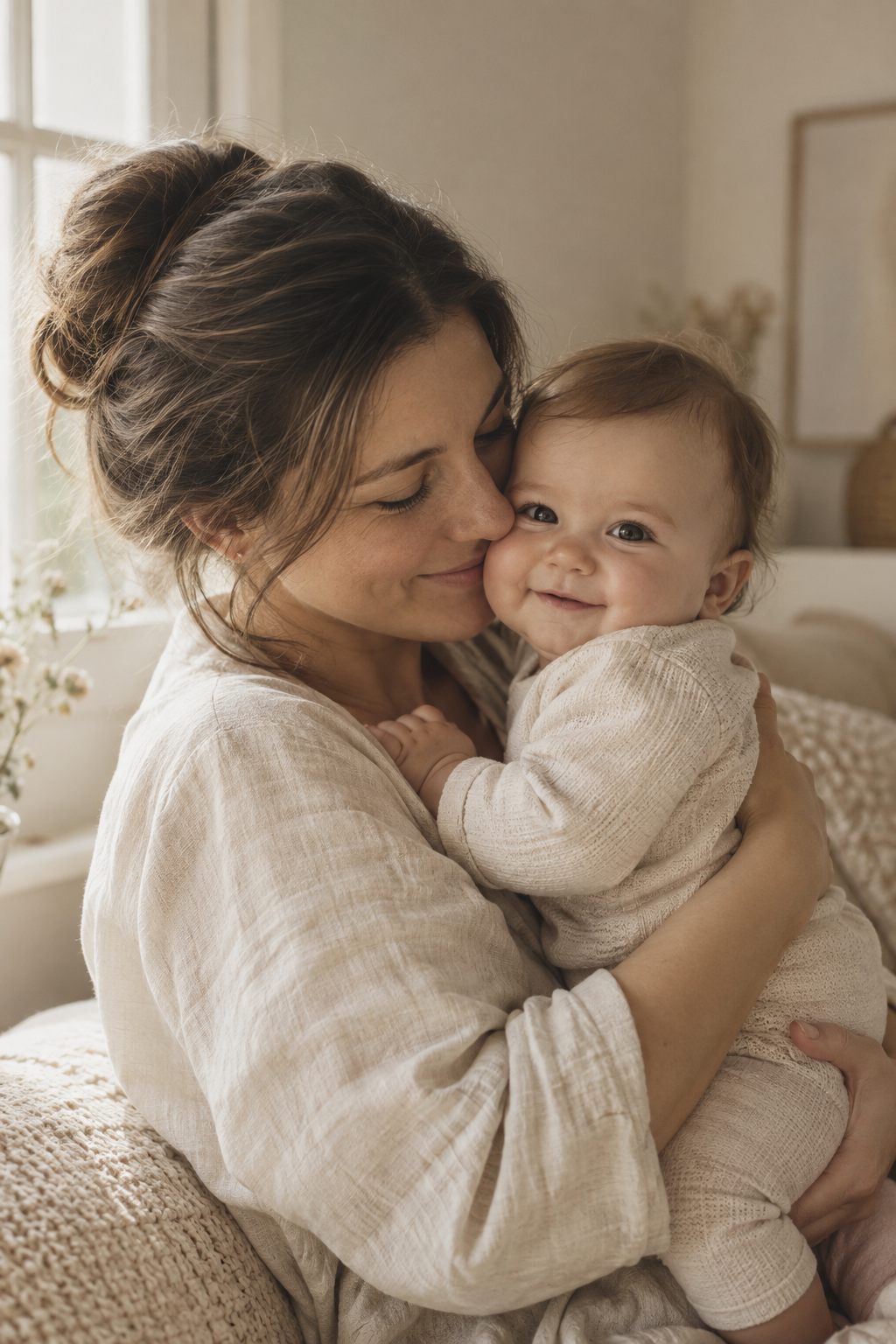 A mother gently holding her smiling baby cheek to cheek in soft window light