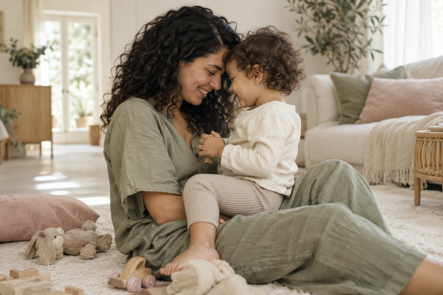 A mother and toddler sharing a quiet playful moment on a rug at home